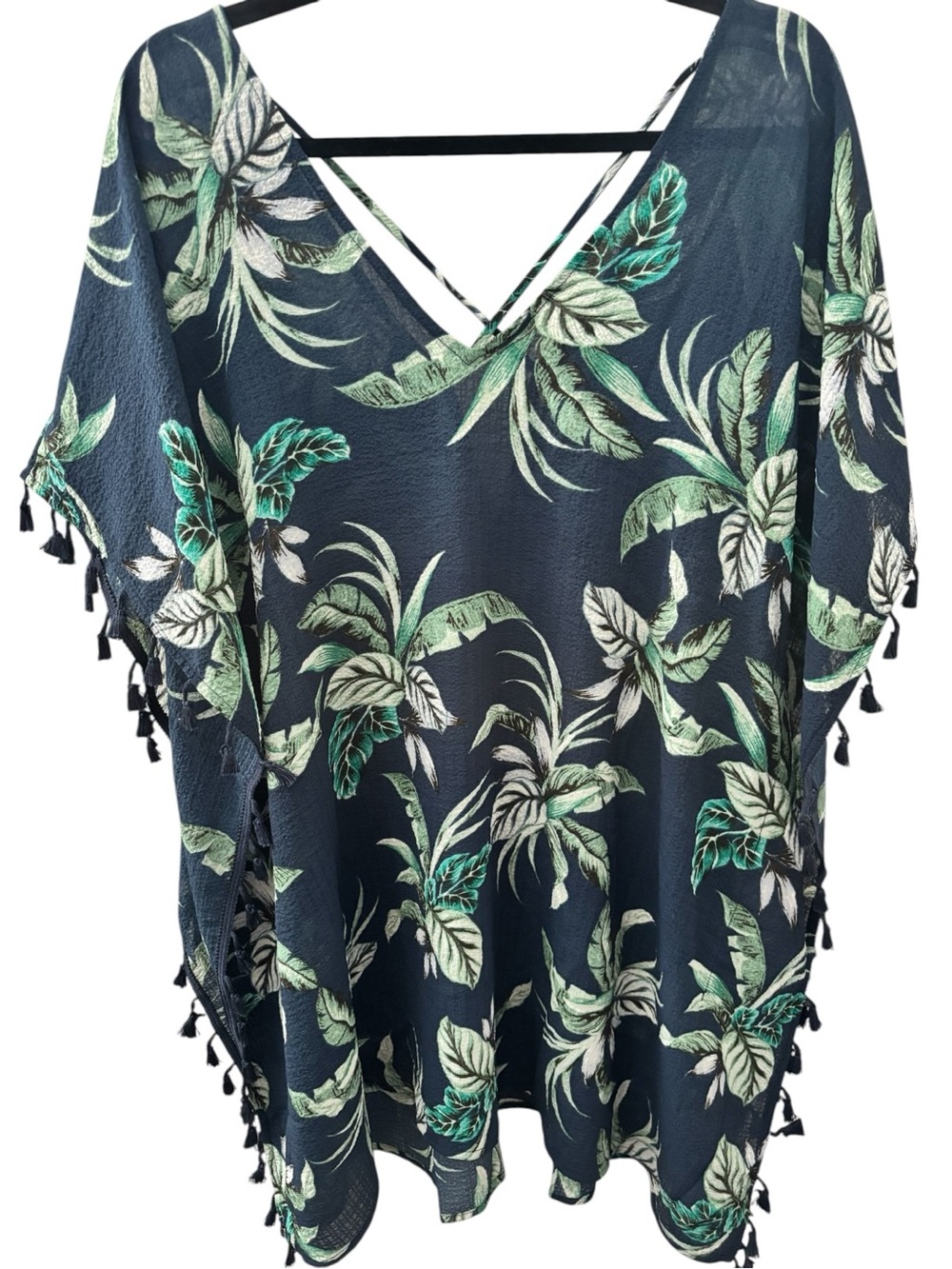 Navy Tropical Leaf V-Neck Swim Coverup with Tassel Trim